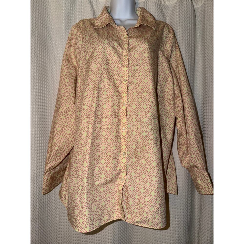 Lands’ End No Iron Supima Pink Yellow Geometric Button Front Shirt 24W Plus Size